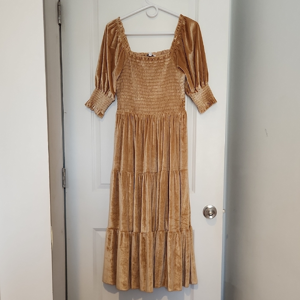 Velvet Tiered Smocked Maxi Dress - Camel